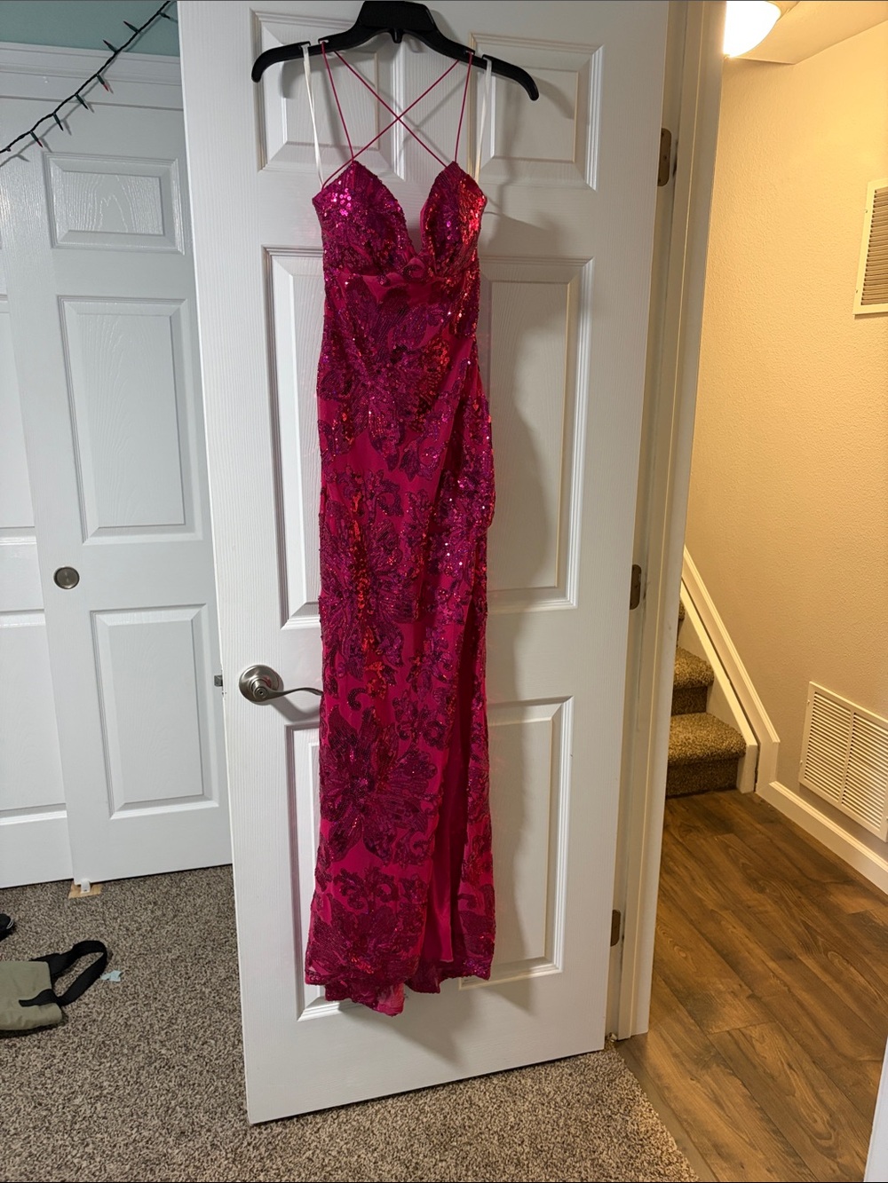 B Darlin Fuchsia Sequin Spaghetti-Strap Prom Gown